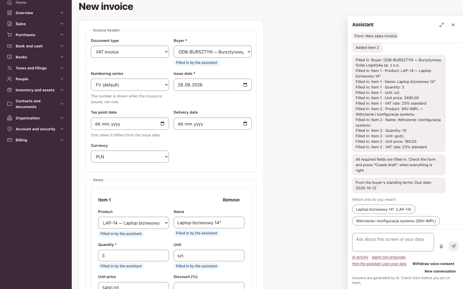 A form with fields filled in by the assistant, each marked as filled in
