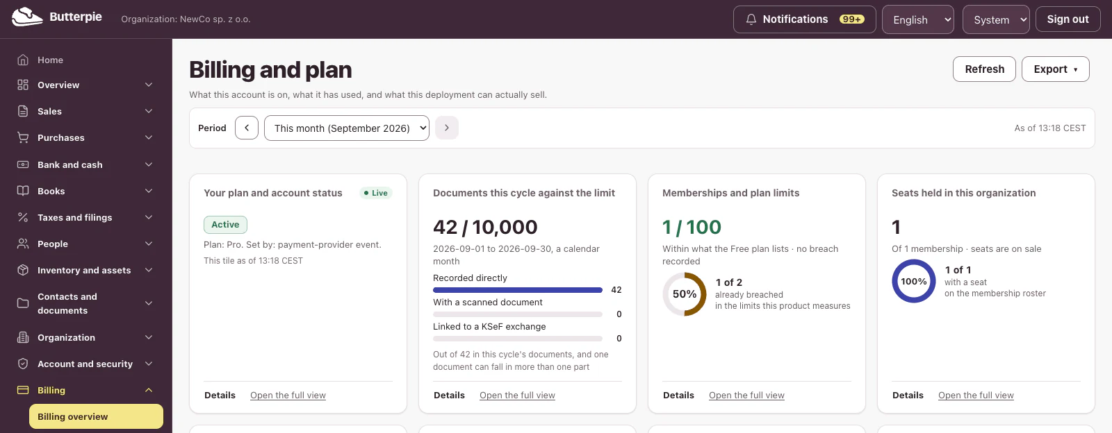 Plan and payments: the dashboard, with the demo company's figures