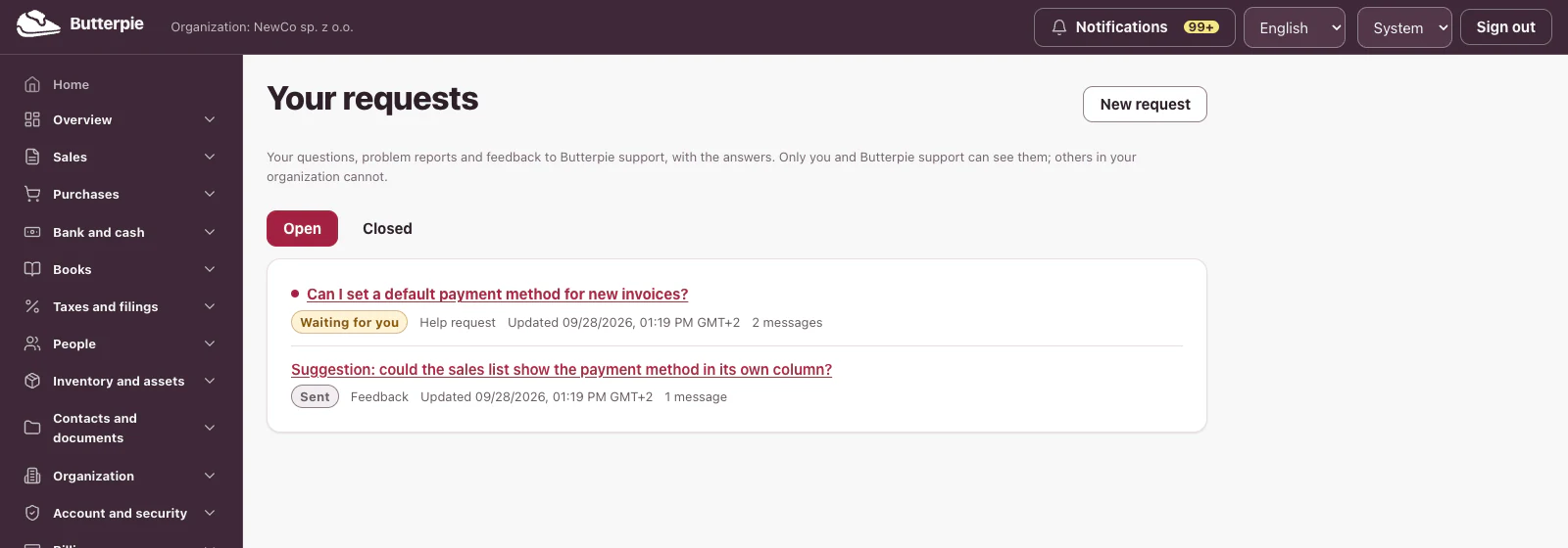 Your requests: the list of requests, each with its state