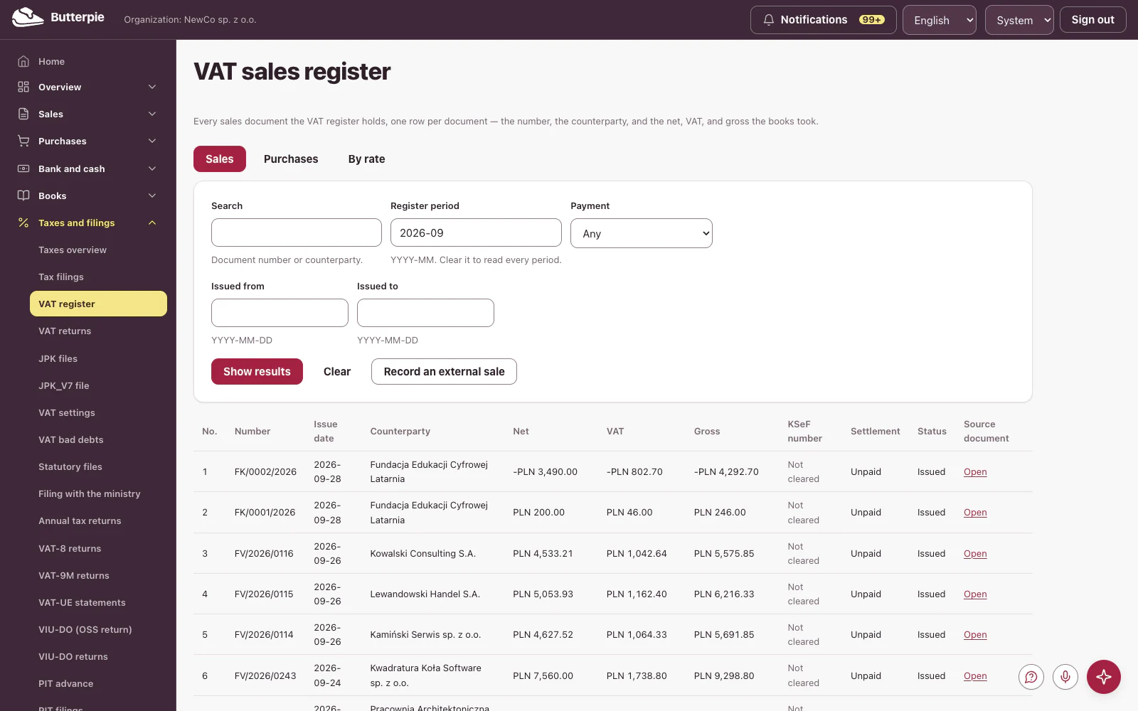 VAT sales register