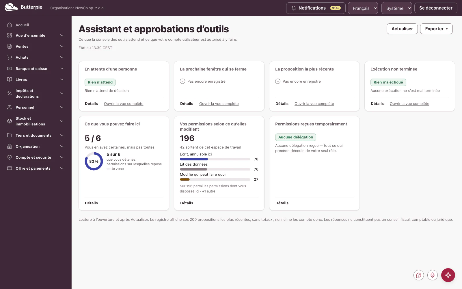 Assistant : le tableau de bord, avec les chiffres de l’entreprise de démonstration