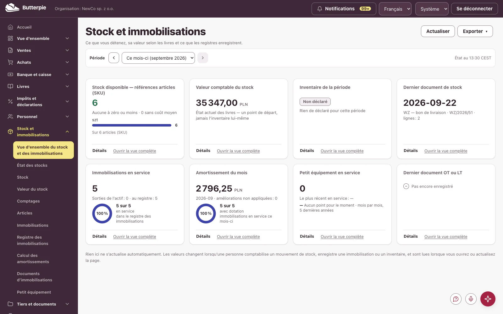 Stock et immobilisations : le tableau de bord, avec les chiffres de l’entreprise de démonstration
