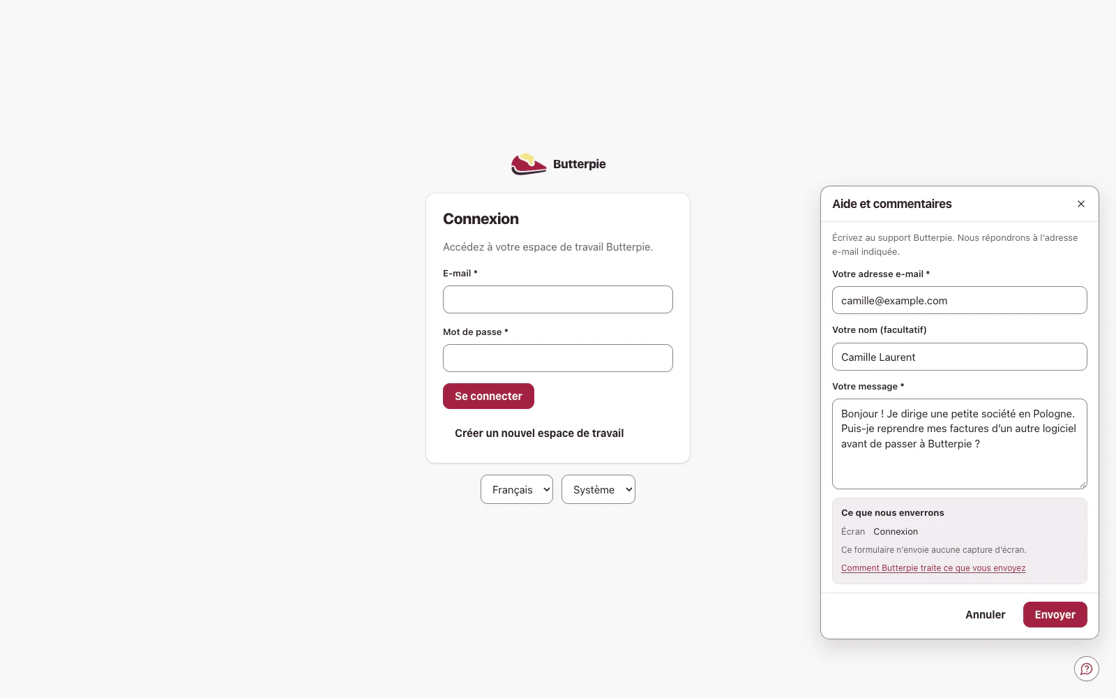 Le formulaire de contact ouvert depuis le cercle sur l’écran de connexion