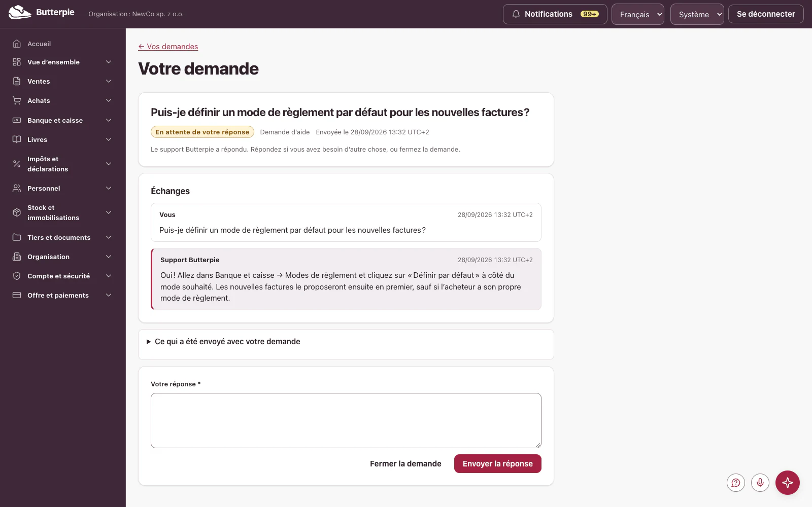Une demande : la conversation avec le support Butterpie, les détails envoyés et la capture