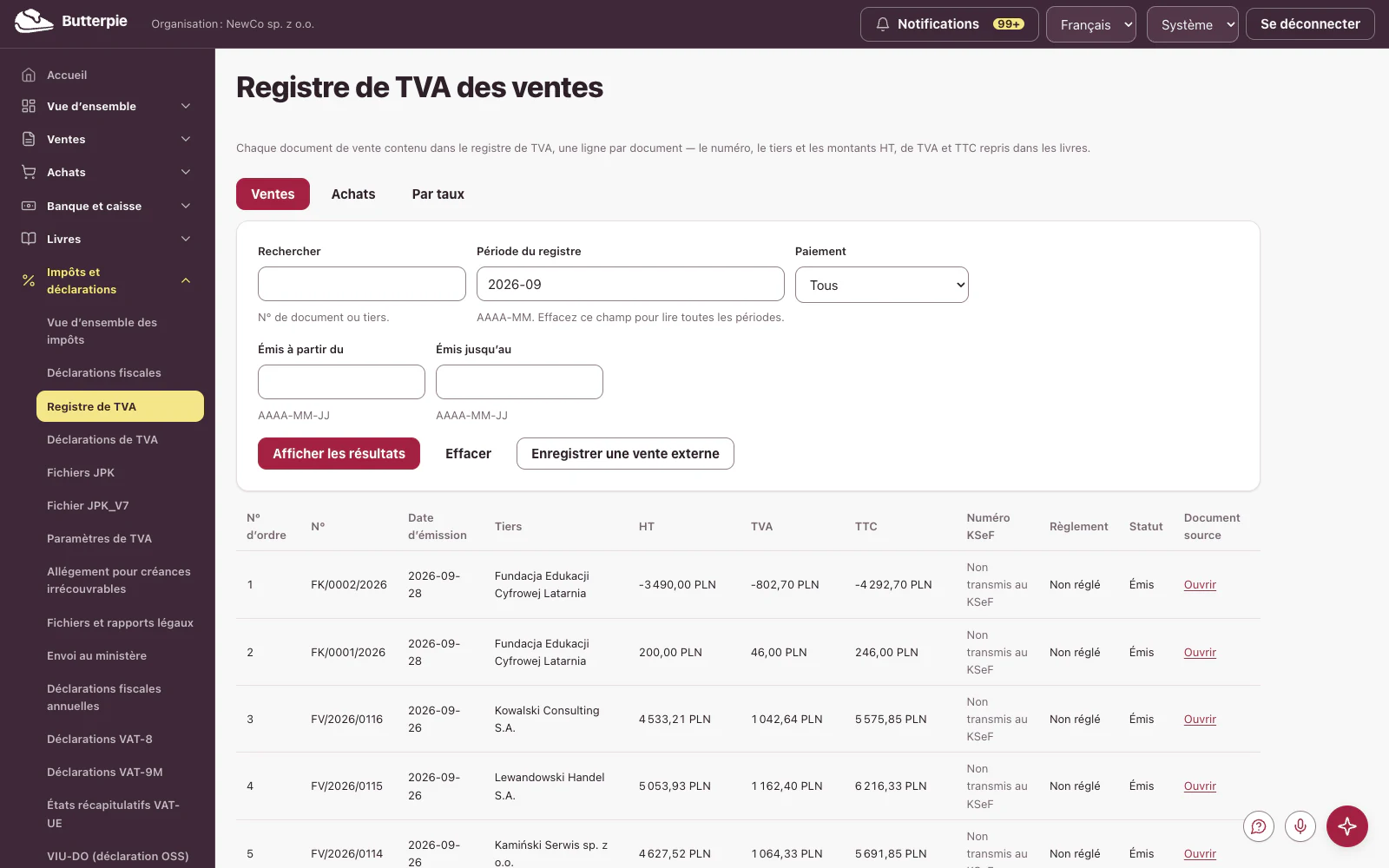 Registre de TVA des ventes