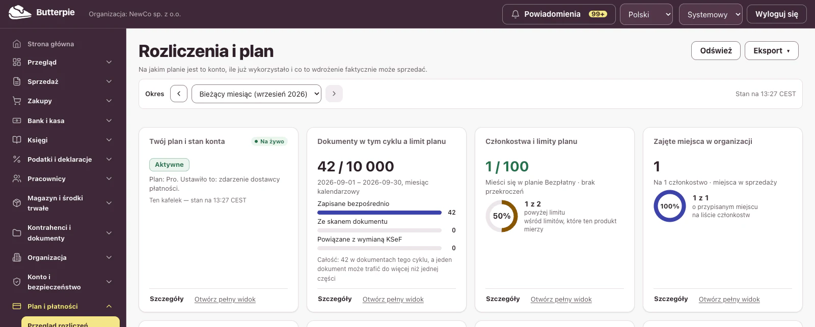 Plan i płatności: pulpit z danymi przykładowej firmy