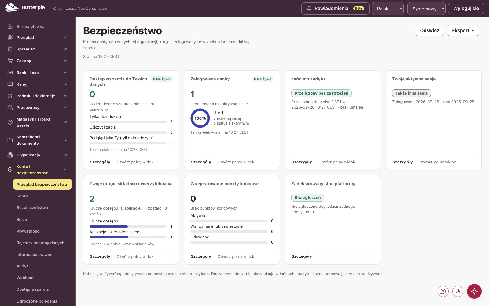 Konto i bezpieczeństwo: pulpit z danymi przykładowej firmy