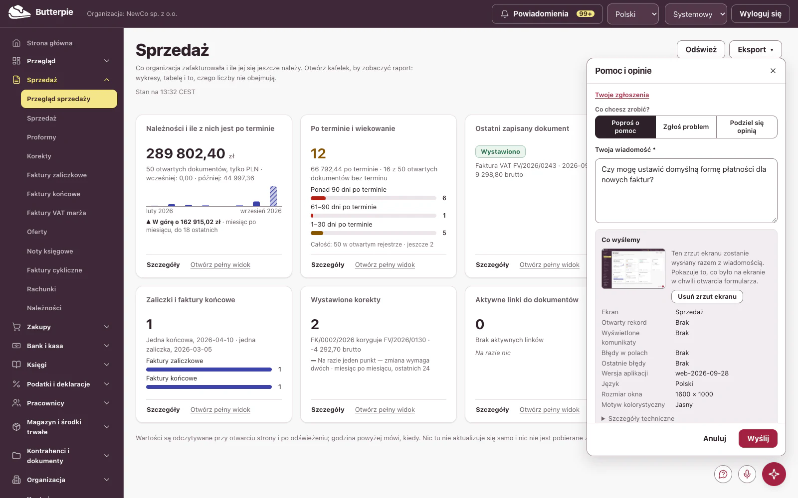 Formularz „Pomoc i opinie” otwarty na ekranie, ze zrzutem ekranu i szczegółami do wysłania